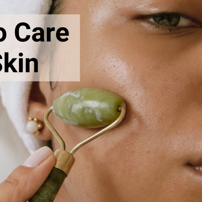 how to care for skin featured image - black woman using a massage roler on her face