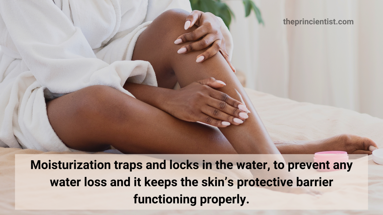 how to care for skin - moisturization benefits quote - black woman is applying lotion on her legs