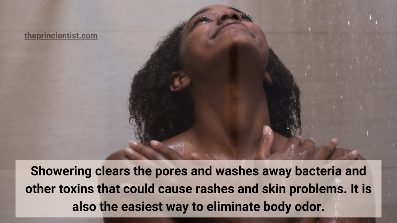 how to care for skin - showering benefits quote - black woman is taking a shower