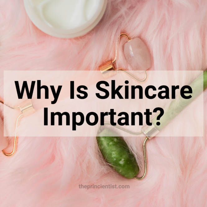 the image says why is skincare important . there is a flatlay of facial cream, and face massage equipment