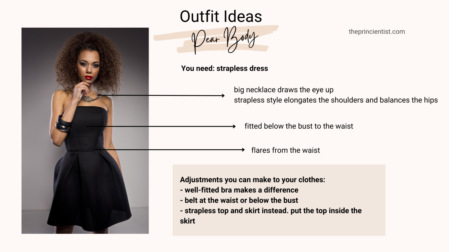 how to dress the pear shaped body- outfit ideas pear body shape - strapless black dress and instructions to adjust you outfit at home