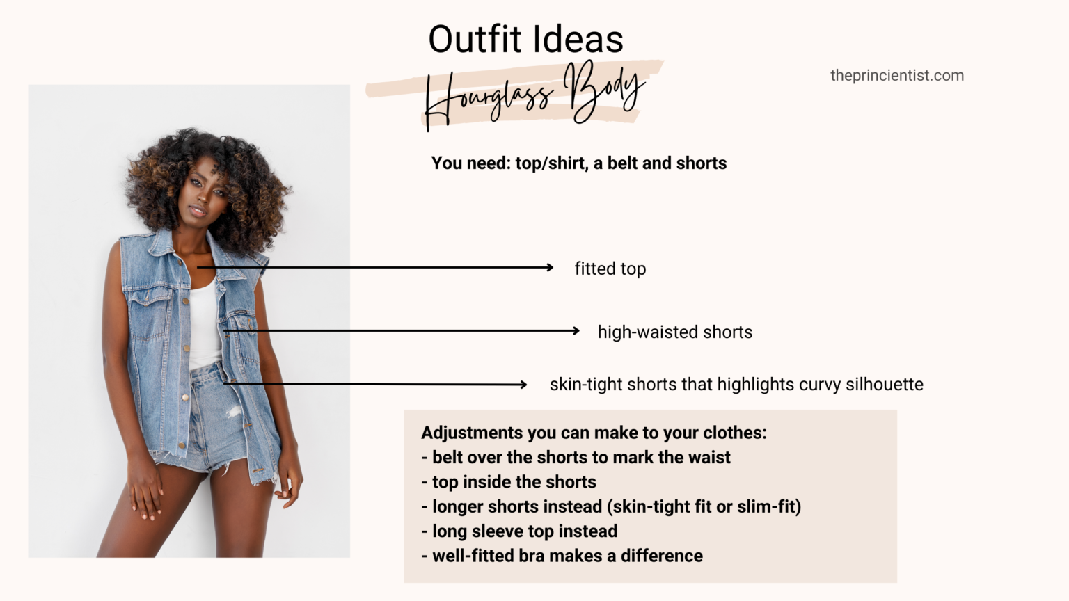 how to dress the hourglass body shape - outfit idea - you need a belt, top and shorts