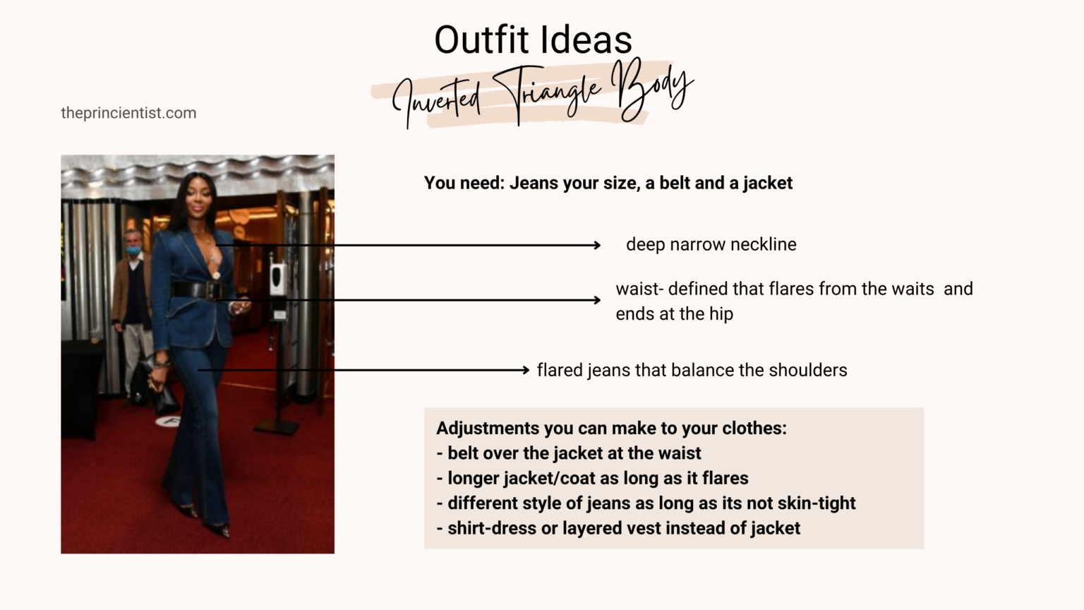how to dress the inverted triangle - outfit ideas, you need a jeans, coat and a belt
