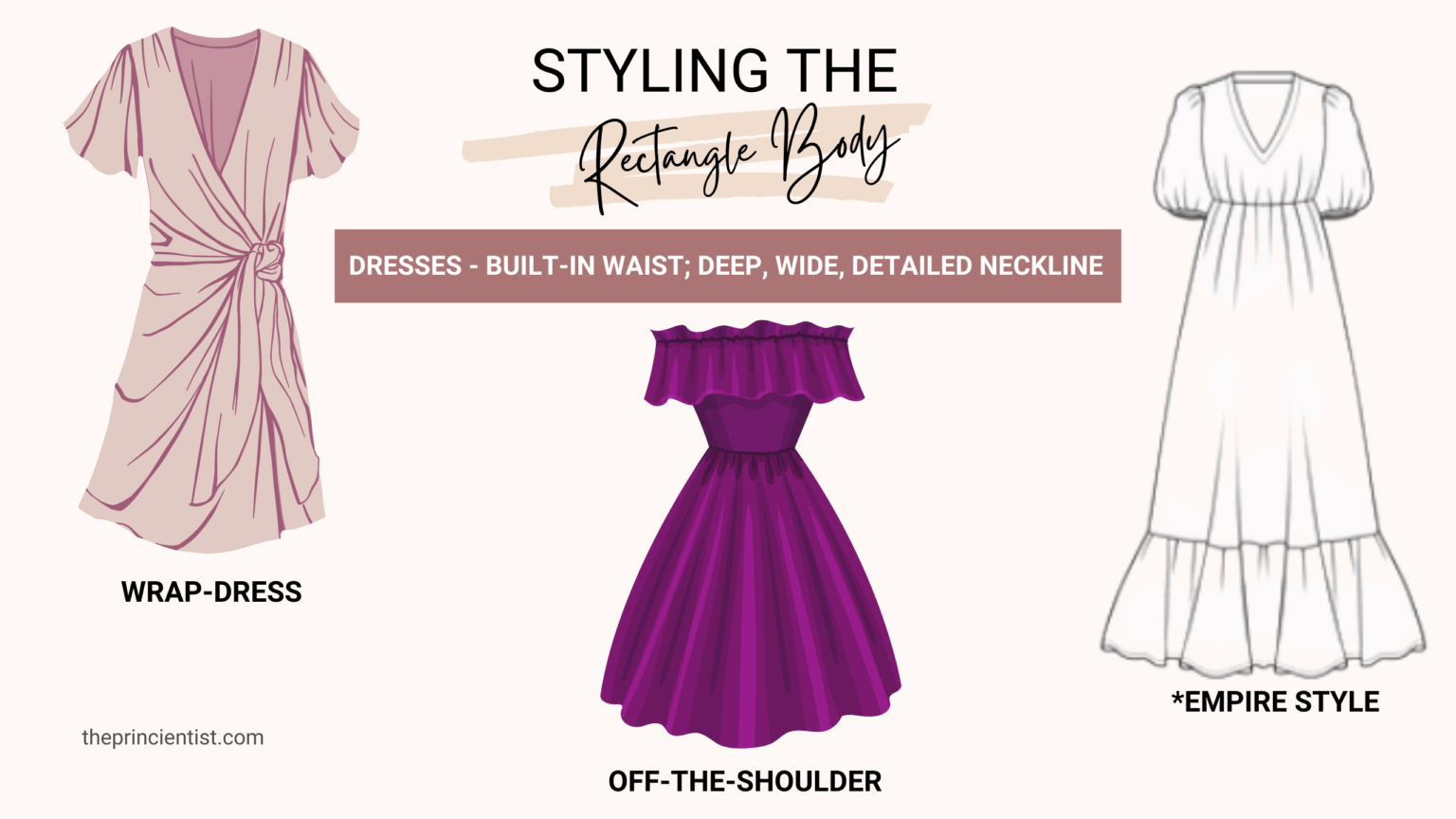how to dress the rectangle body shape - dresses built-in waist, deep and wide necklines