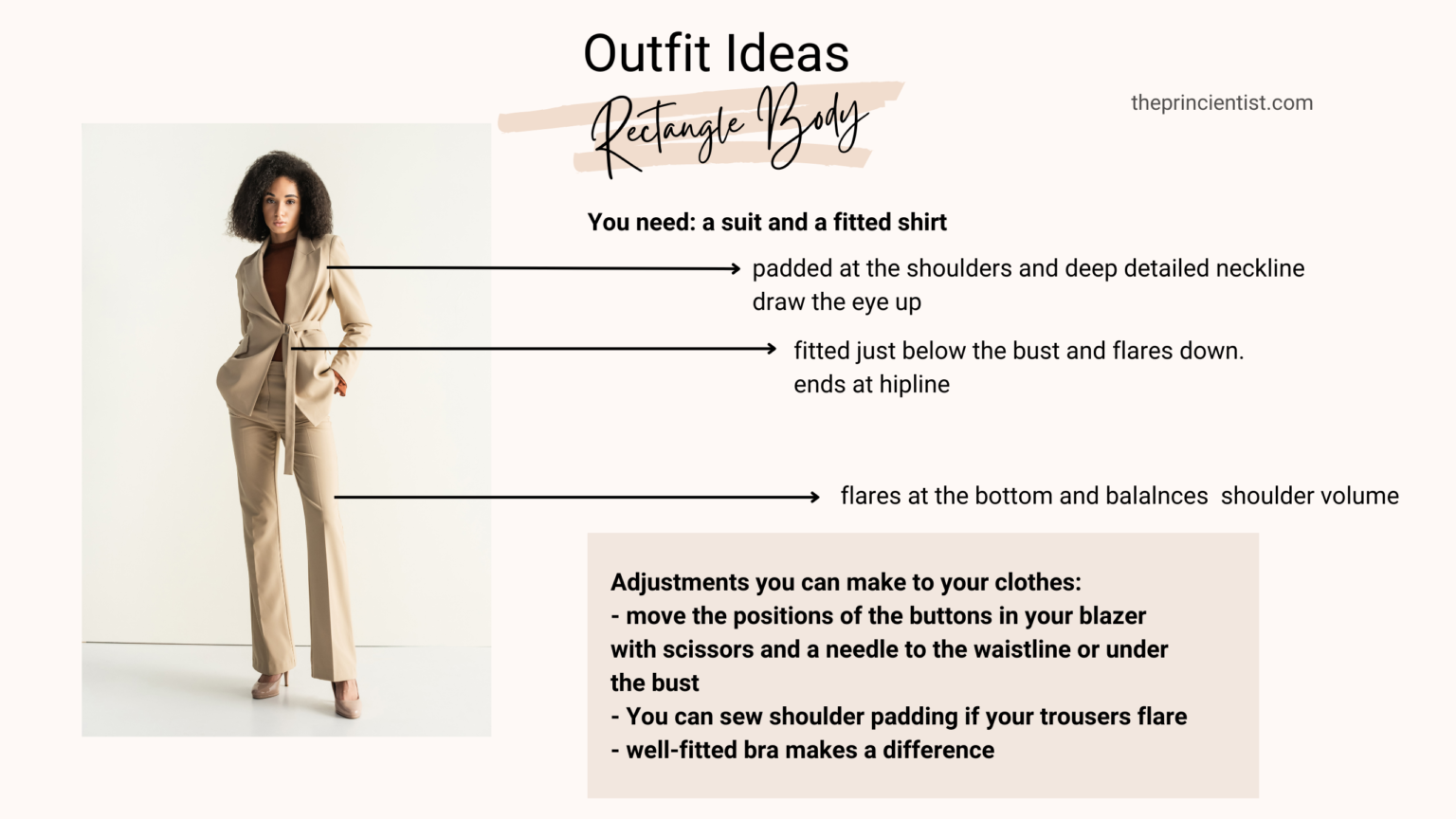 how to dress the rectangle body shape - outfit idea. you need a suit and a belt