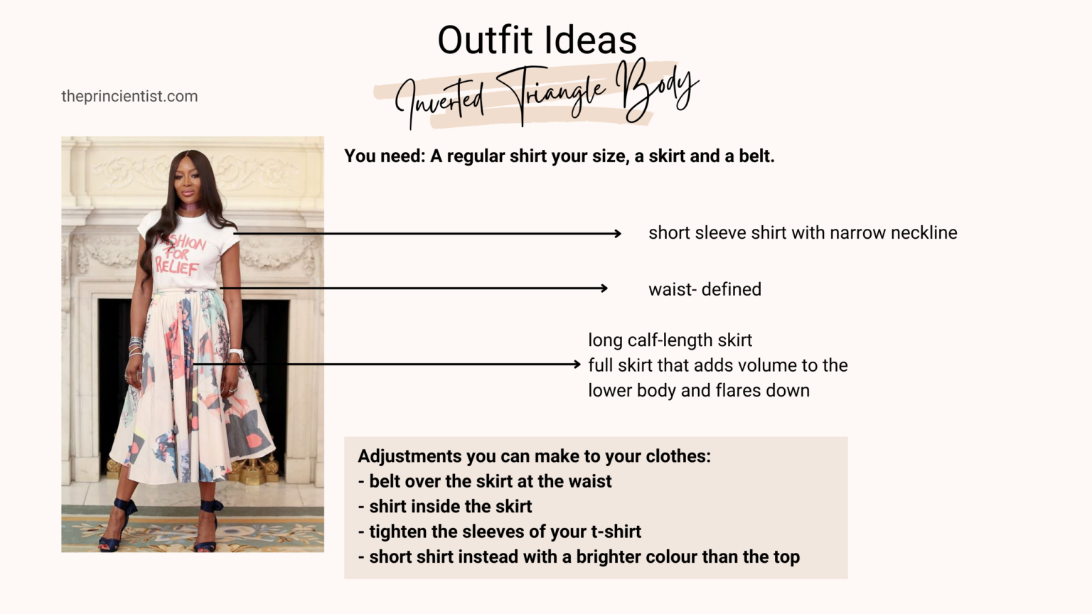 how to dress the inverted triangle - outfit ideas, you need a simple shirt and a skirt.