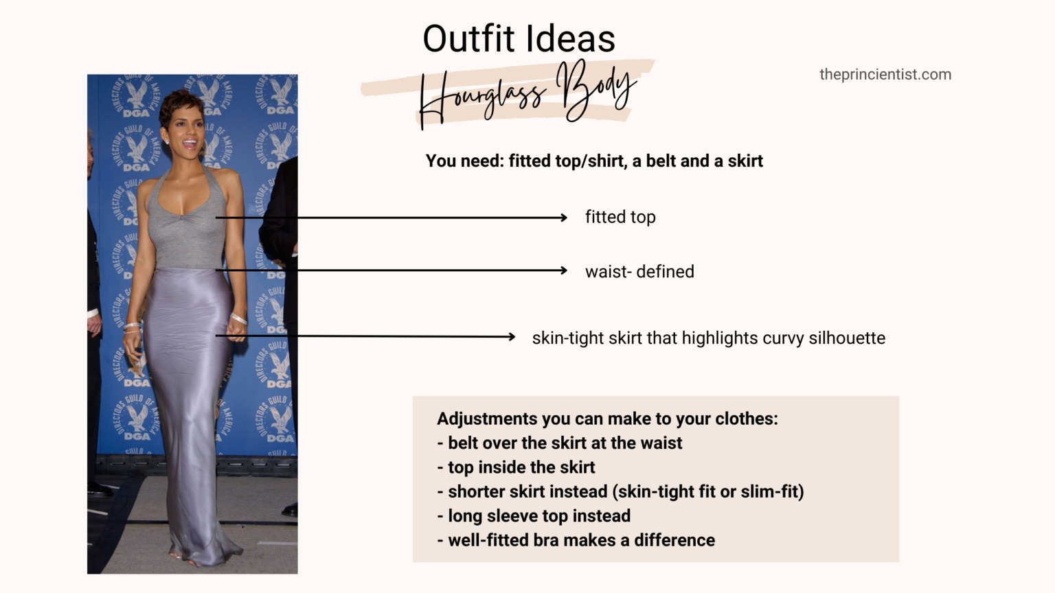 how to dress the hourglass body shape - outfit ideas. you need a fitted top, a skirt and a belt