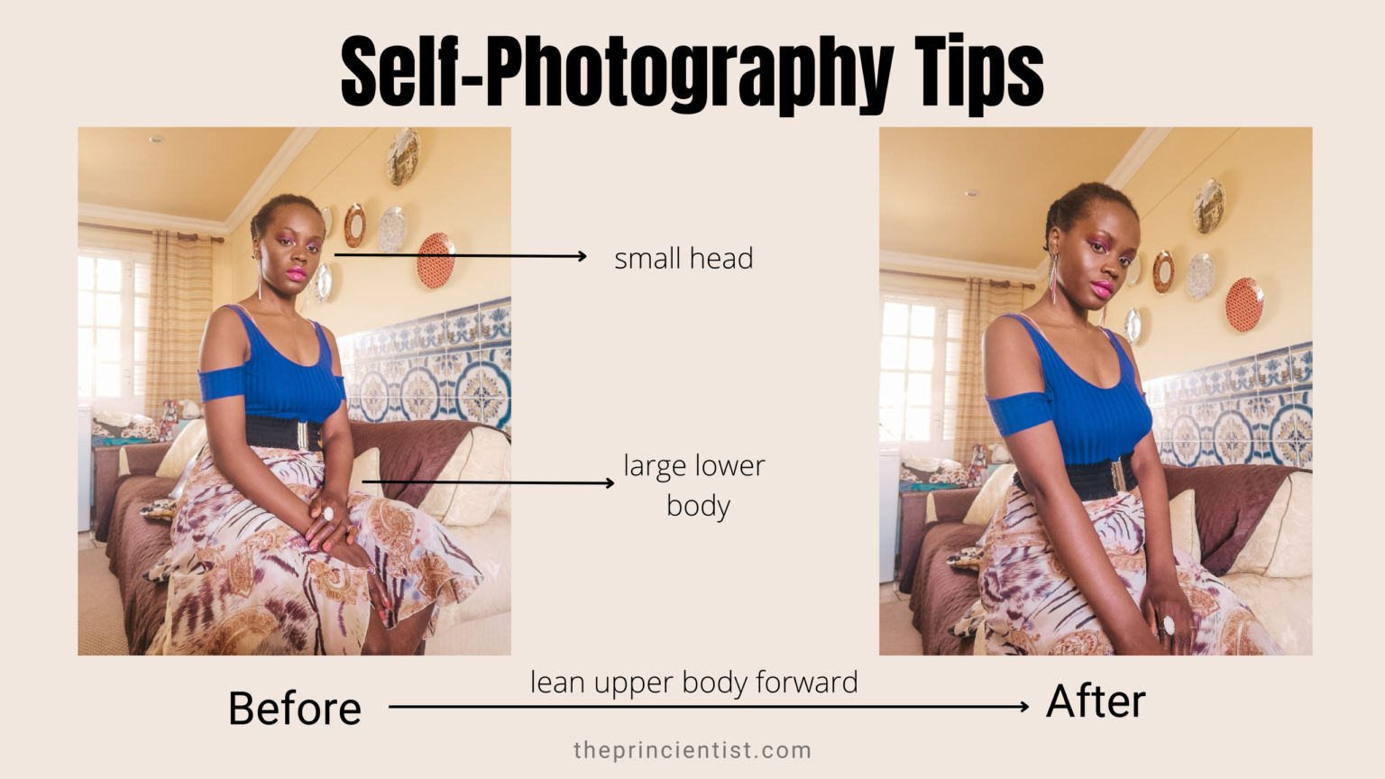 self-photography-tips-how to balance proportions by leaning the upper body forward