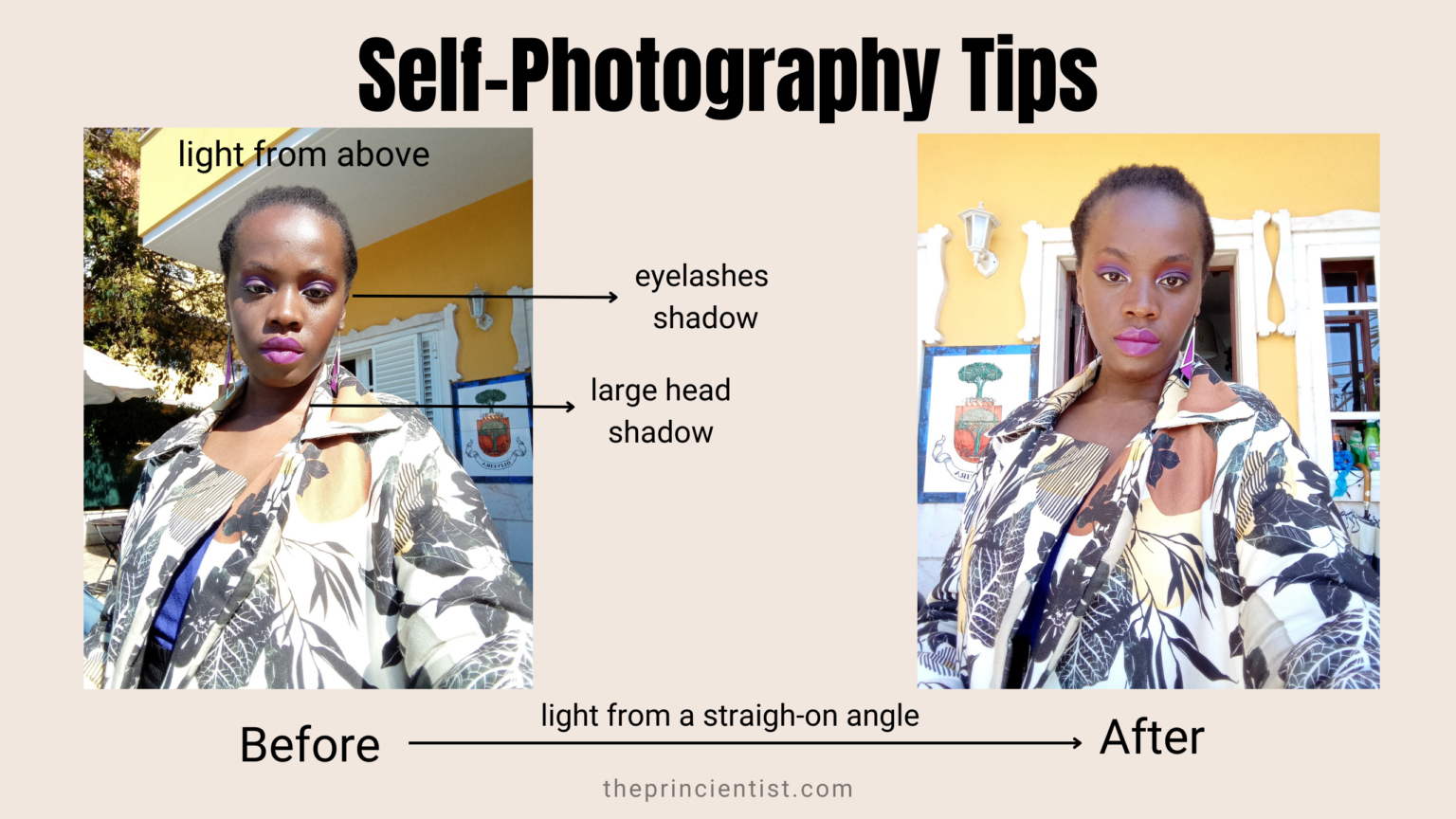 self-photography-tipsfor-beginners-light-for-selfies: comparison light from above and light from an a straight angle