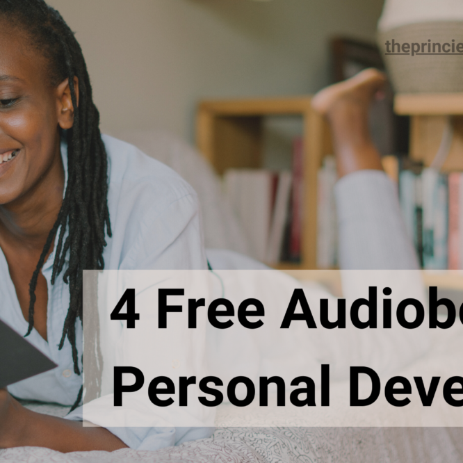 4 free audiobooks for personal development - featured image - black woman laying in her couch reading abook, she is smiling very happy