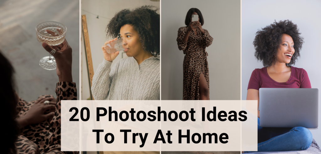 4 at home photoshoot ideas - a woman holding a wine glass, woman drinking water, eoman takint mirror selfie, woman sitting on the couch with her PC on her lap