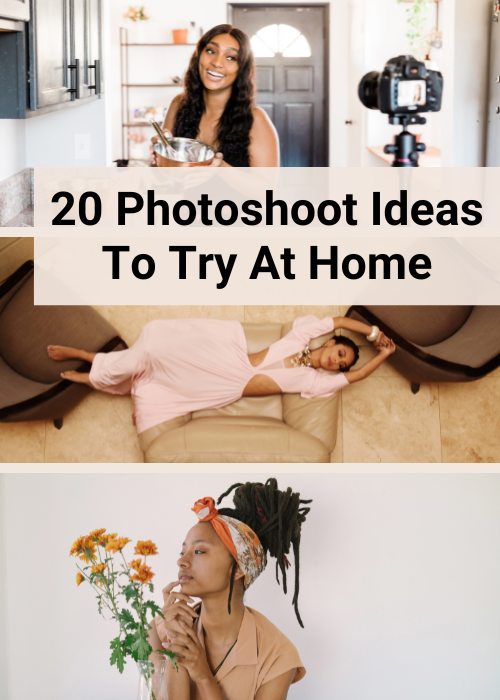 3 at home photoshoot ideas - woman taking photo of herself cooking, woman laying on the couch seen from above, woman sitting at a table next to a jar of flowers