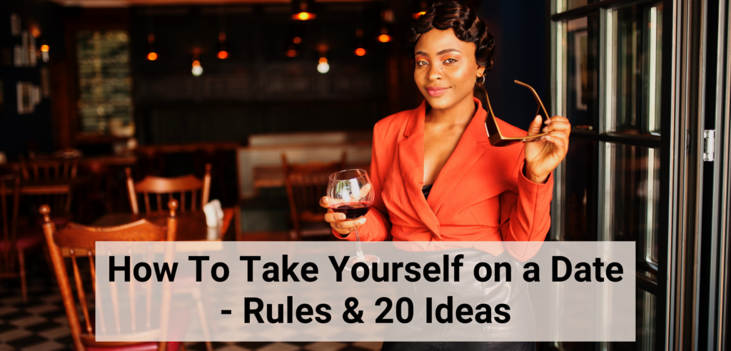 women in a coffeshop holding a coffee cup and her sunglasses confidently representing taking yourself on a date