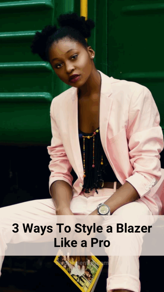 illustrative image of how to style a blazer. woman sitting down wears a pink suit