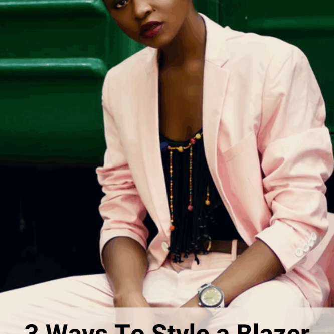 illustrative image of how to style a blazer. woman sitting down wears a pink suit