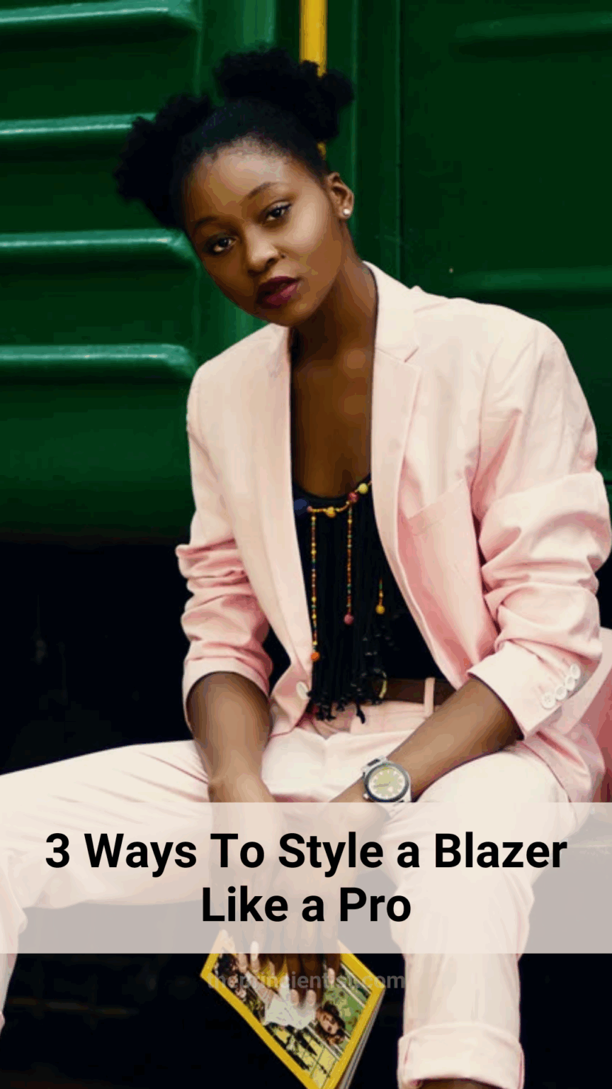 illustrative image of how to style a blazer. woman sitting down wears a pink suit
