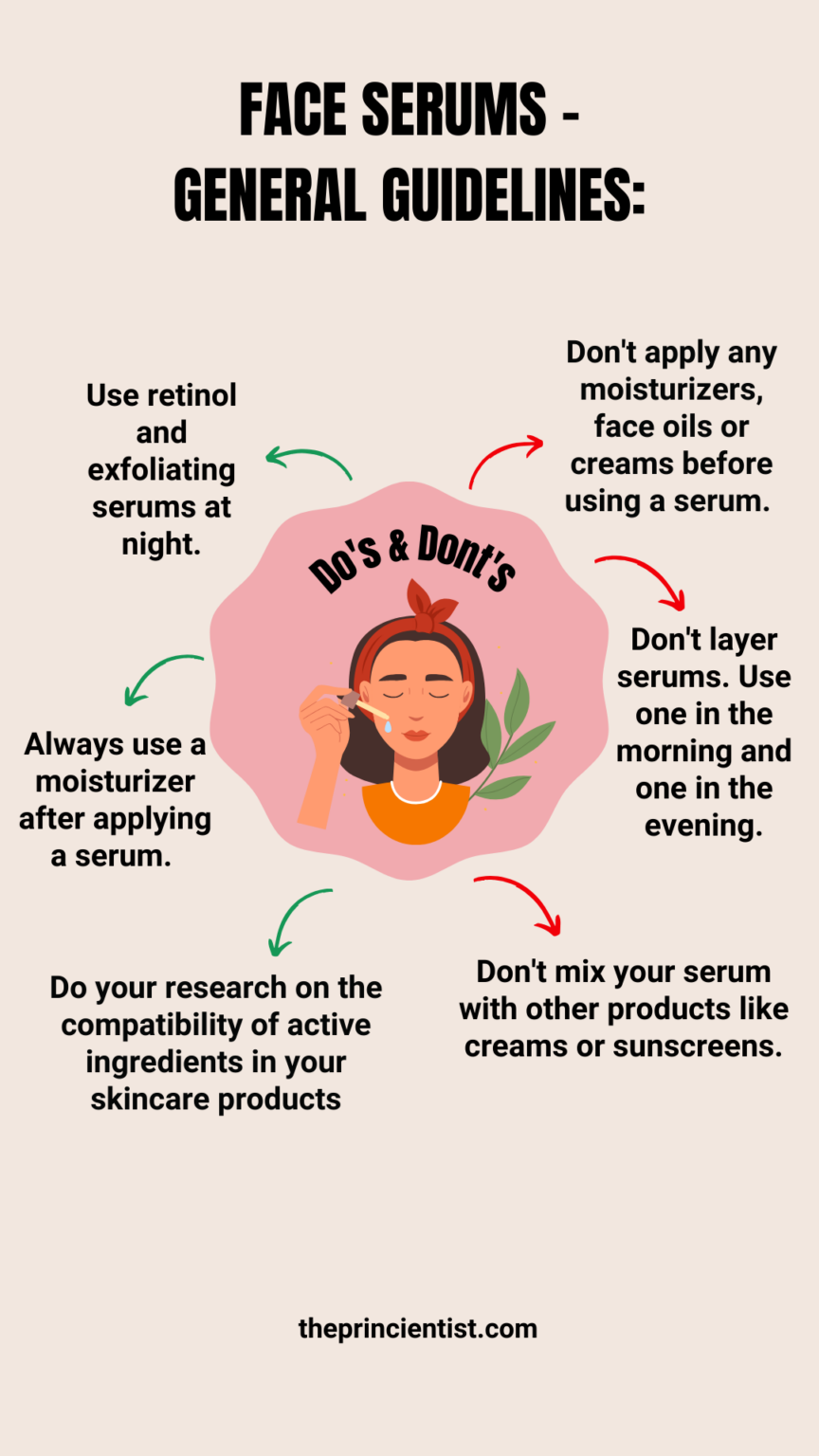 diagram of arrows explaining on one side the good practices of using a serum and on the right side the bad practices of using a serum