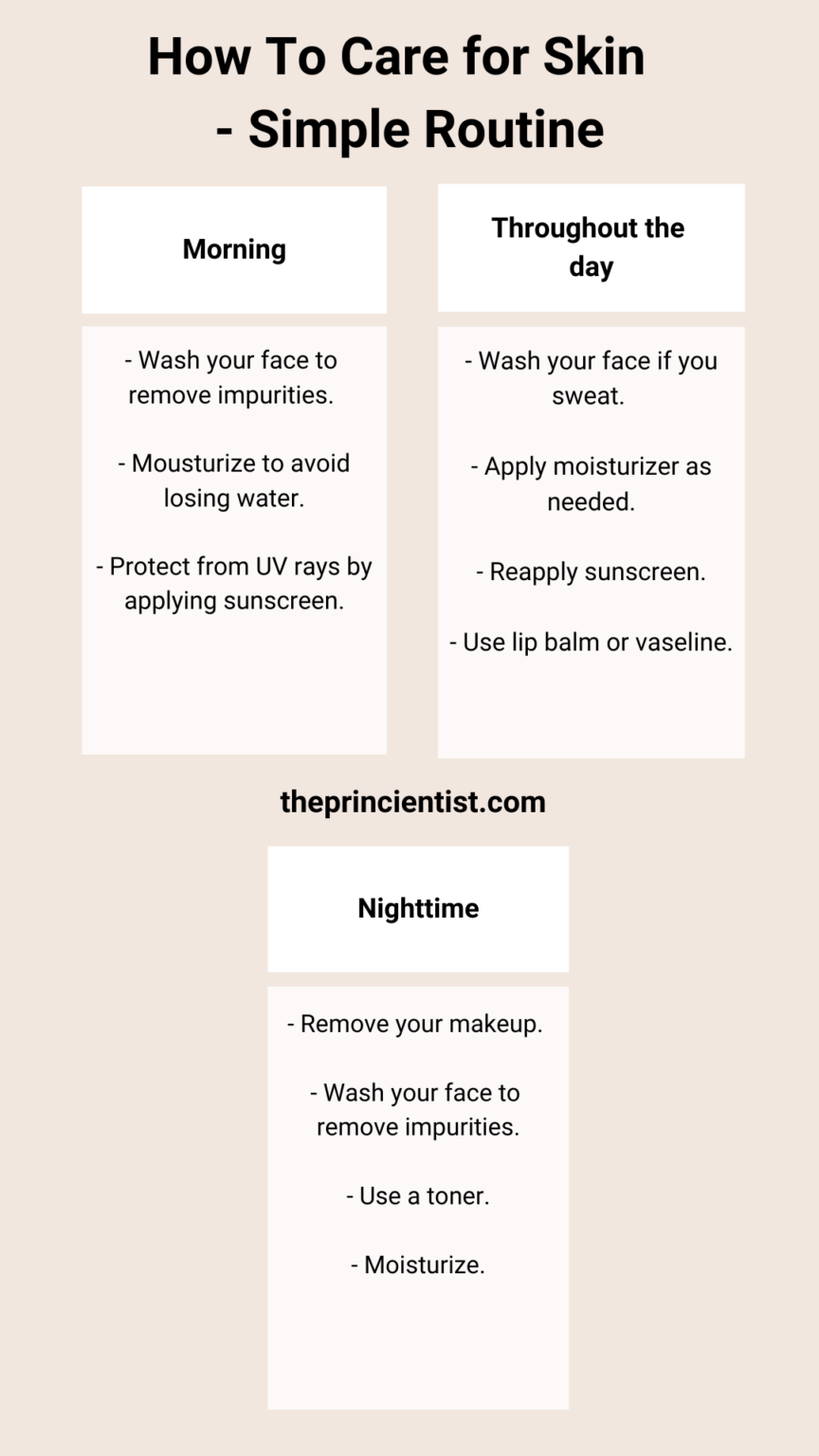 how to care for skin throughout the day explaining shortly the steps mentioned in the text