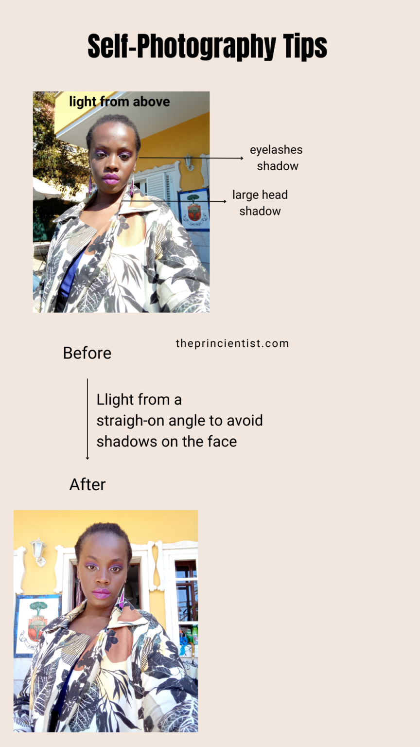 self-photography-tipsfor-beginners-light-for-selfies: comparison light from above and light from an a straight angle