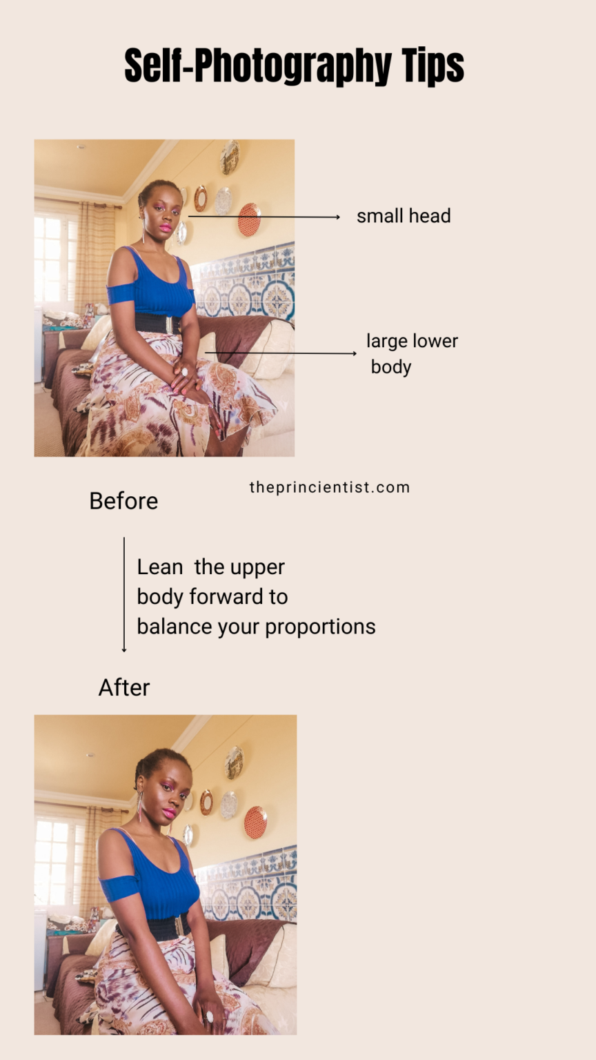 tip 2 - self-photography tips: a before and after photo after the woman in hte photo leans the upper body forwardr to look proportionate on camera