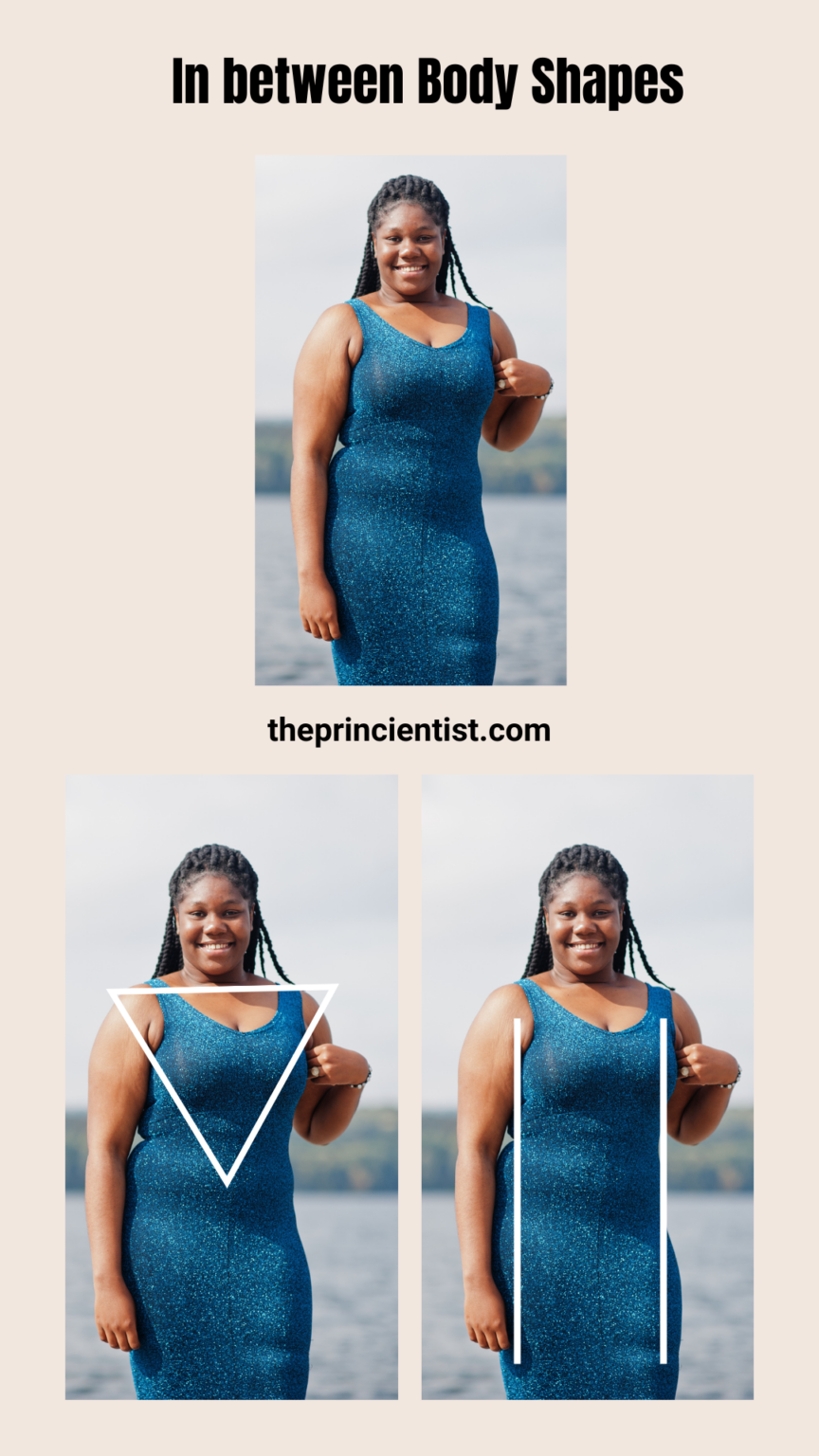 three photos of the same woman where its demonstrated she has two body shapes. one rectangle and the other inverted triangle