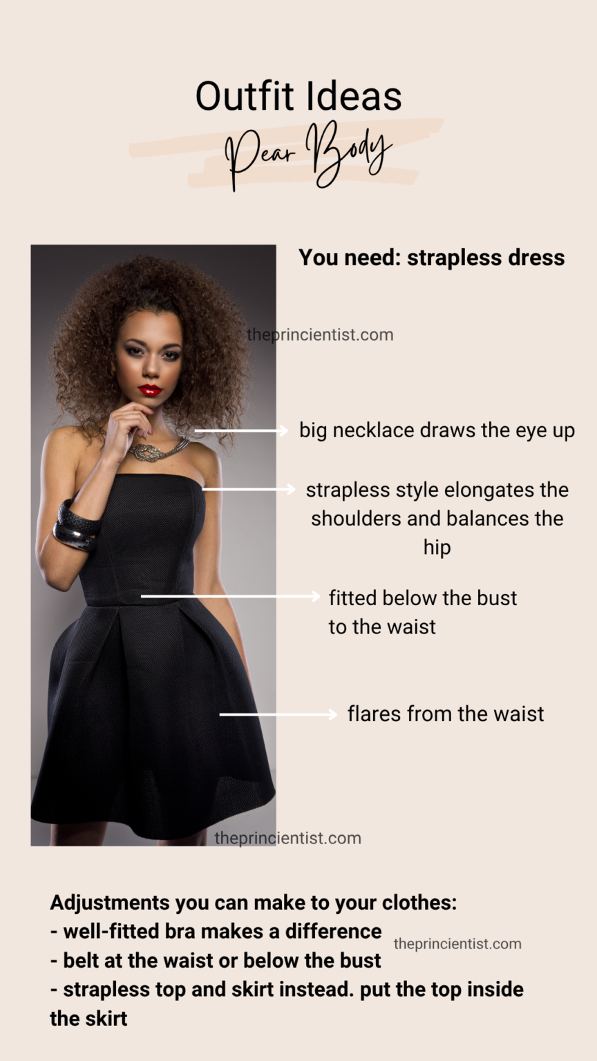 how to dress the pear shaped body- outfit ideas pear body shape - strapless black dress and instructions to adjust you outfit at home